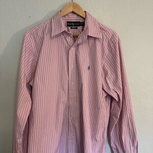 Ralph Lauren Men's Pink and White Striped Dress Shirt Size L